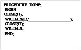 : PROCEDURE DONE;&#13;&#10; BEGIN&#13;&#10;CLOSE(f1);&#13;&#10; WRITELN(f2,'___________________');&#13;&#10; CLOSE(f2);&#13;&#10; WRITELN;&#13;&#10; END;&#13;&#10;