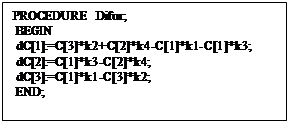 : PROCEDURE Difur;&#13;&#10; BEGIN&#13;&#10; dC[1]:=C[3]*k2+C[2]*k4-C[1]*k1-C[1]*k3;&#13;&#10; dC[2]:=C[1]*k3-C[2]*k4;&#13;&#10; dC[3]:=C[1]*k1-C[3]*k2;&#13;&#10; END;&#13;&#10;