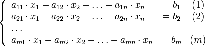\left\{\begin{array}{lcc} a_{11} \cdot x_1 + a_{12} \cdot x_2 + \ldots + a_{1n} \cdot x_n &amp; = b_1 &amp; (1) \\ a_{21} \cdot x_1 + a_{22} \cdot x_2 + \ldots + a_{2n} \cdot x_n &amp; = b_2 &amp; (2) \\ \ldots  &amp; &amp; \\a_{m1} \cdot x_1 + a_{m2} \cdot x_2 + \ldots + a_{mn} \cdot x_n &amp; = b_m &amp; (m) \end{array}\right.